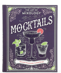 The Art of Mixology: Mocktails cookbook with a dark purple cover, featuring white decorative typography and illustrations of three cocktails, including a margarita, a salted cocktail, and a lime margarita.