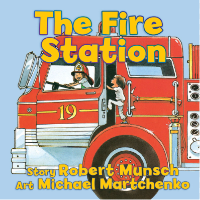Book cover of 'The Fire Station' with a red fire truck and children on a blue background