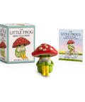 Mini frog figurine with red mushroom hat and packaging on a white background