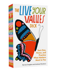 The Live Your Values Deck book shown at a three-quarter angle on a plain white background. The cover is white with a large colorful butterfly illustration and multicolored title text.