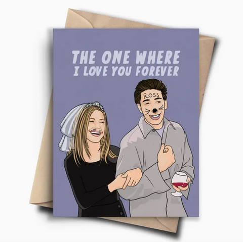 Card with cartoon illustration of a couple and text 'The One Where I Love You Forever' on a purple background.