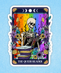 Sticker with a skeleton, books, and rainbow colors on a blue background