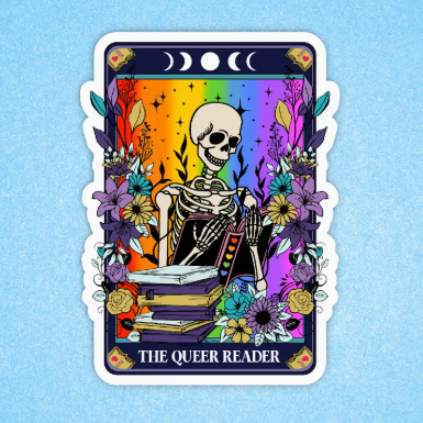 Sticker with a skeleton, books, and rainbow colors on a blue background