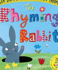 Book cover of 'The Rhyming Rabbit' with a cartoon rabbit and colorful text on a blue background.