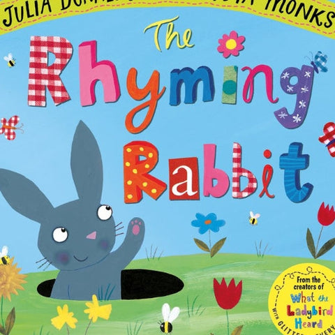 Book cover of 'The Rhyming Rabbit' with a cartoon rabbit and colorful text on a blue background.