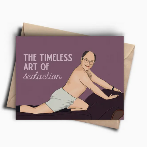 Card with illustration of a man in underwear and text 'The Timeless Art of Seduction' on a purple background.