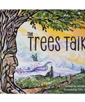 Children's book cover titled 'The Trees Talk' showing a stylized illustration of a tree with a human face, green leaves, a butterfly, and a colorful landscape under a yellow sky.