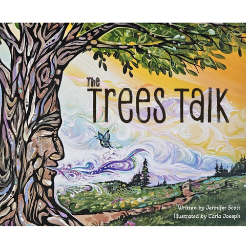 Children's book cover titled 'The Trees Talk' showing a stylized illustration of a tree with a human face, green leaves, a butterfly, and a colorful landscape under a yellow sky.