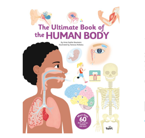 Book cover of 'The Ultimate Book of the Human Body' with illustrations of a child and human anatomy.