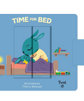 A children's board book titled "TIME FOR BED" with a blue cover and a sliding-panel illustration of a teal bunny in bed. The cover includes the text "Illustrated by Thierry Bedouet," the Twirl logo, and a side tab reading "A Picture-in-Picture Book.