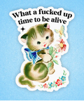 Vintage-style illustration of a cat with flowers and text on a blue background