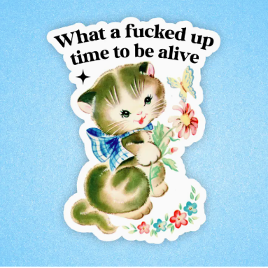Vintage-style illustration of a cat with flowers and text on a blue background