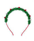 red headband with green tinsel and red bells