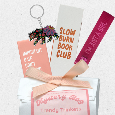 Collection of trendy trinkets including a keychain, book club card, and wristband on a white background.