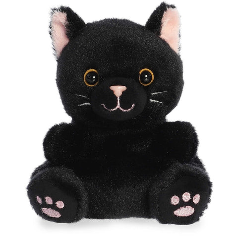 Black plush cat toy with pink paw pads on a white background