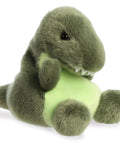 Plush dinosaur toy with a green heart on a white background
