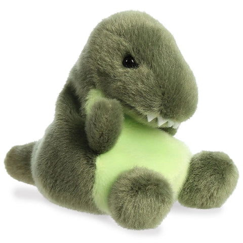 Plush dinosaur toy with a green heart on a white background