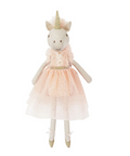 Unicorn-shaped plush toy with a pink dress on a white background