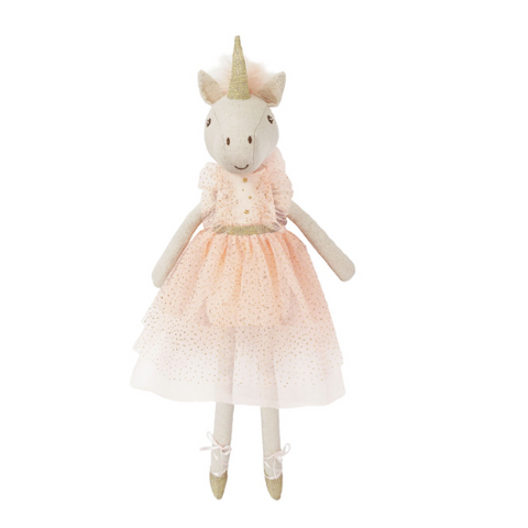 Unicorn-shaped plush toy with a pink dress on a white background
