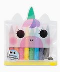 Set of colorful chunky wax crayons in a unicorn-shaped packaging on a white background