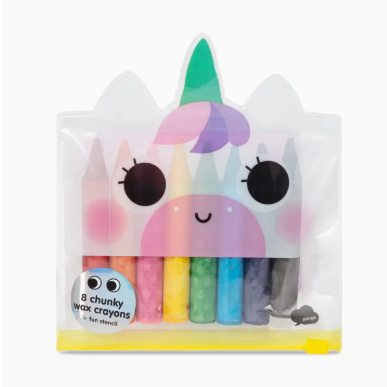Set of colorful chunky wax crayons in a unicorn-shaped packaging on a white background