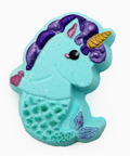 Mermaid-like character with unicorn horn and purple hair on a white background
