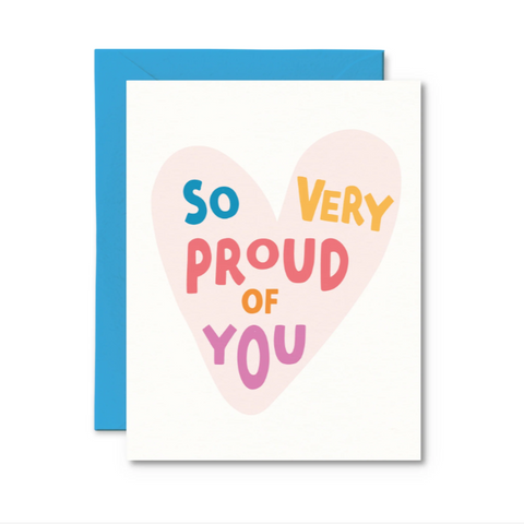 Greeting card with heart-shaped text 'So Very Proud of You' on a white background