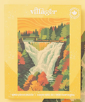 A 1000-piece jigsaw puzzle box by Villager Puzzles featuring a colorful illustration of a waterfall surrounded by autumn trees. The box is yellow with a rustic distressed texture, and the product is photographed on a matching yellow background.