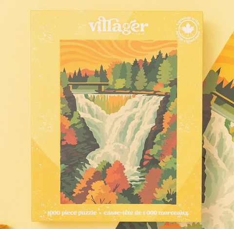 A 1000-piece jigsaw puzzle box by Villager Puzzles featuring a colorful illustration of a waterfall surrounded by autumn trees. The box is yellow with a rustic distressed texture, and the product is photographed on a matching yellow background.