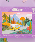 Villager Puzzles 250-piece puzzle box featuring a colorful illustration of a yellow and blue retro van traveling along a winding road through a stylized mountain landscape with autumn trees.