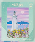 A 1000-piece jigsaw puzzle box by Villager Puzzles, featuring a colorful illustration of a white lighthouse surrounded by pink, purple, and yellow wildflowers under a pastel sky with a moon and distant blue hills.