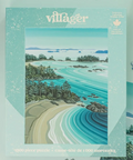 Villager Design 1000-piece coastal landscape jigsaw puzzle box, featuring a turquoise and teal beach, forest, and rocky shoreline illustration on a mint background.