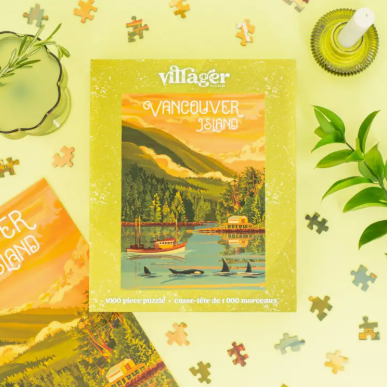 Vancouver Island-themed puzzle with 'villager' branding on a yellow background