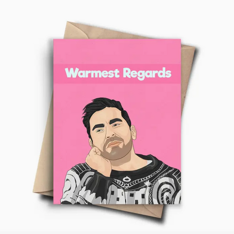 Greeting card with a person's illustration on a pink background, featuring the text 'Warmest Regards'.