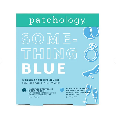 Patchology 'Something Blue' wedding prep eye gel kit packaging on a light blue background