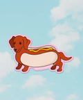 Cartoon hot dog with a smiling face on a blue sky background