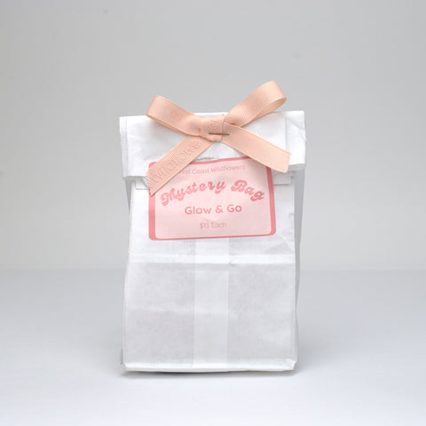 White mystery bag with a pink bow and label on a gray background