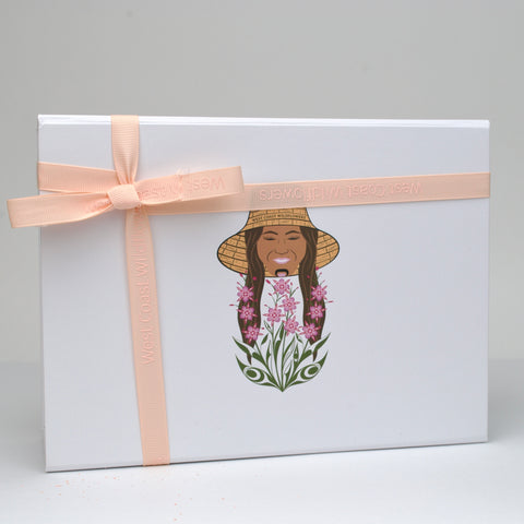 White gift box with a pink ribbon and a design of a woman with flowers, on a light gray background.