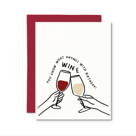 Greeting card with wine glasses and text on a white background