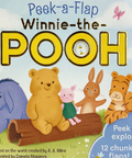 Book cover of 'Peek-a-Flap Winnie-the-Pooh' with cartoon characters on a blue background.