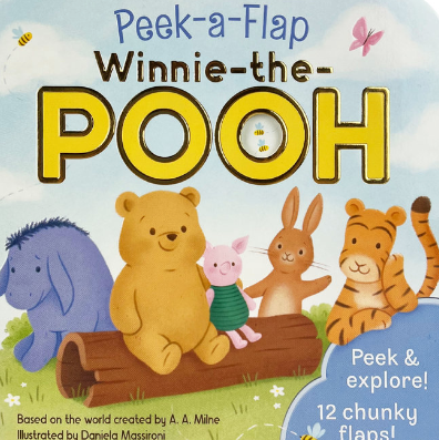 Book cover of 'Peek-a-Flap Winnie-the-Pooh' with cartoon characters on a blue background.