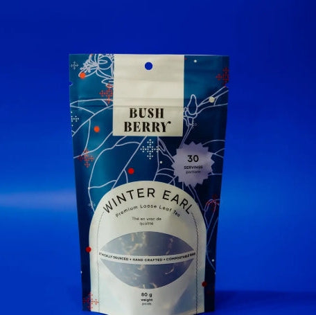 Bush Berry winter ear tea package on a blue background