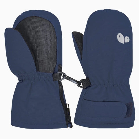 Pair of blue mittens with a brand logo on a white background