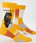 Pair of socks with owl design and 'WISE ASS.' text on a white background