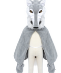 A gray wolf hooded cape costume displayed on a white mannequin torso against a plain white background.