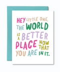 Greeting card with colorful text and a blue envelope on a white background