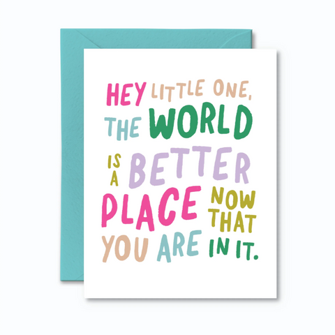 Greeting card with colorful text and a blue envelope on a white background
