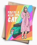 Card with a colorful design featuring a person in a pink outfit and text, with a envelope.
