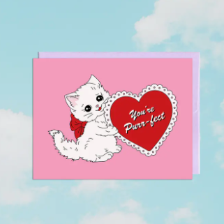 Card with a white cat holding a red heart and text on a pink background