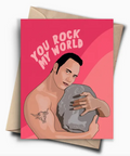 Greeting card with a man holding a rock and 'You Rock My World' text on a pink background